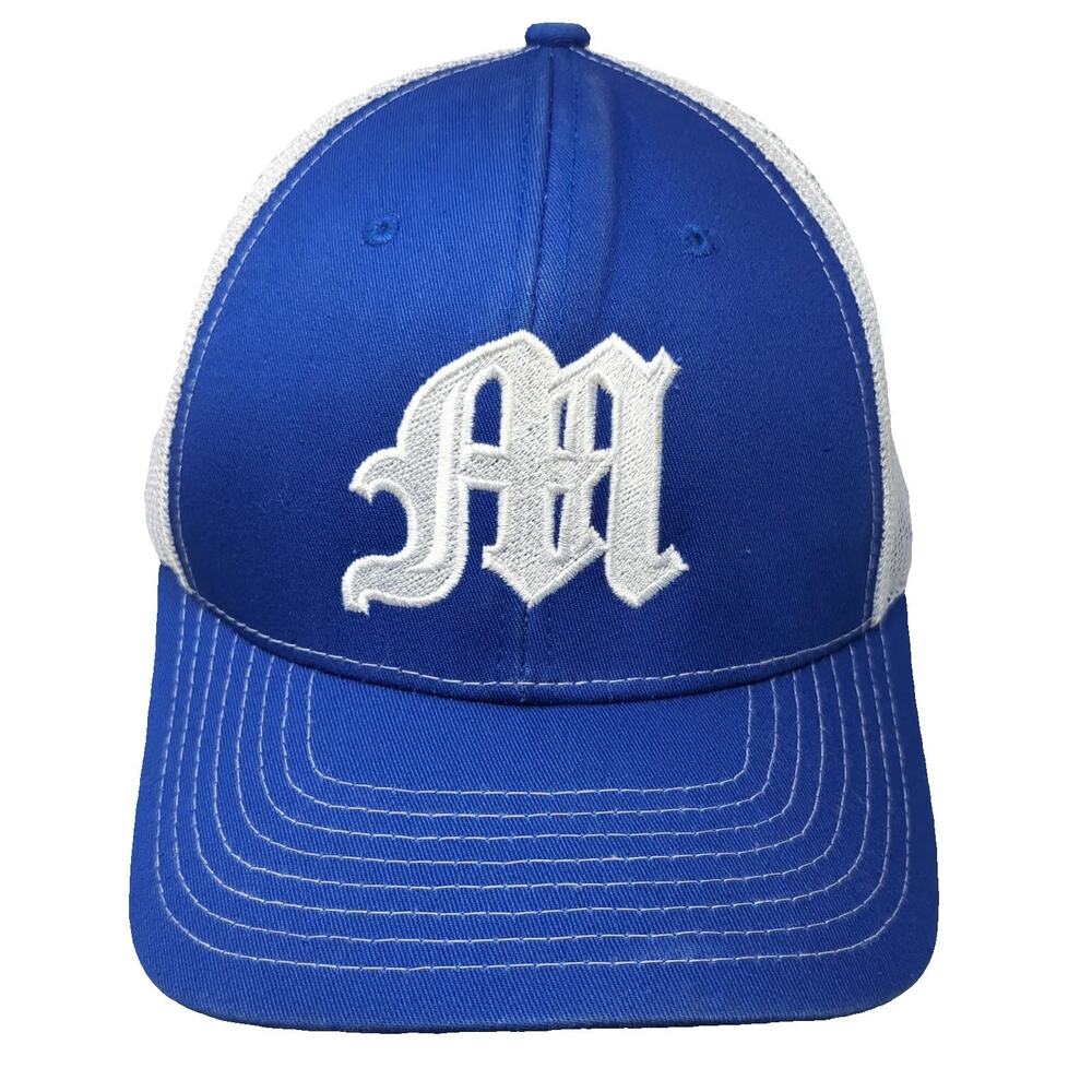 NV CAPS Blue White Trucker Hat One Size Mesh Back Embroidered Letter M Snapback